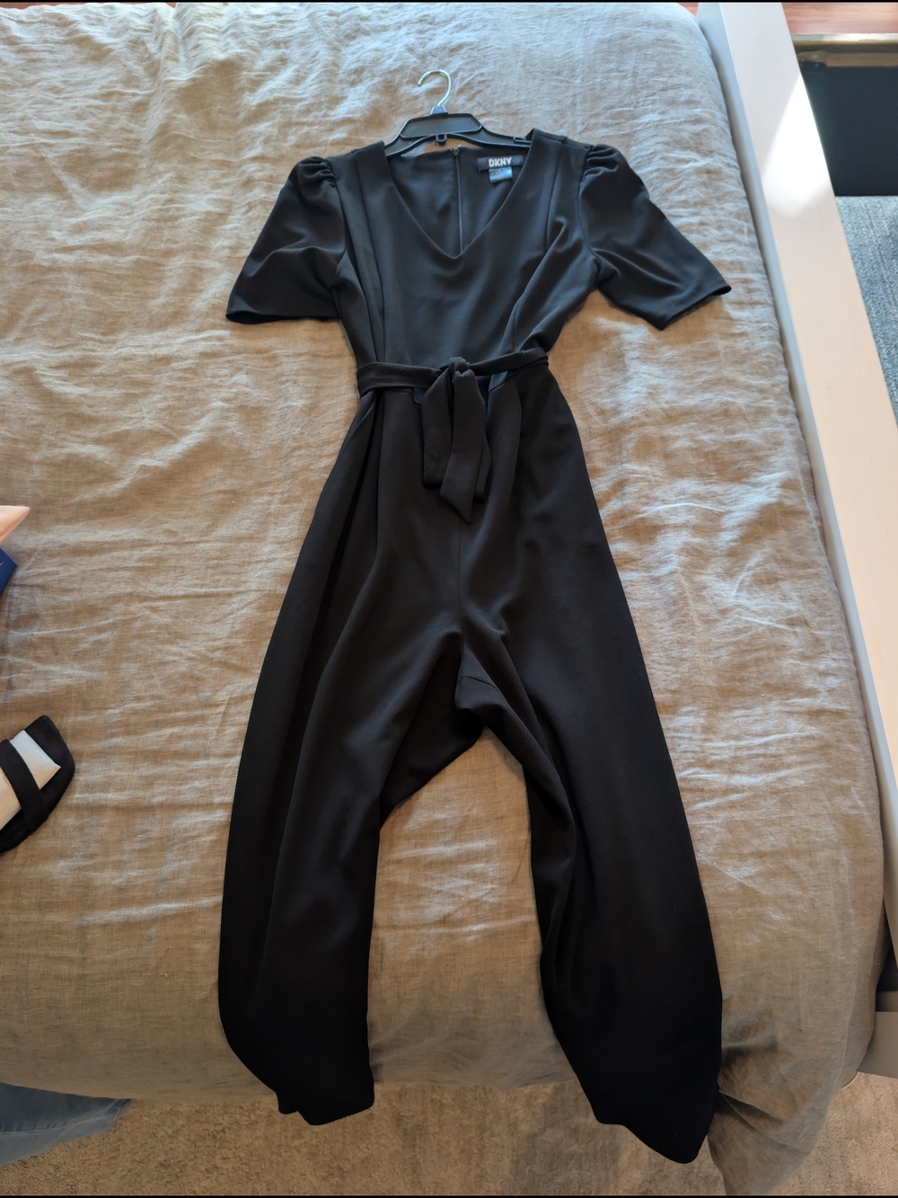 DKNY Black V-Neck Short-Sleeve Tie-Waist Jumpsuit